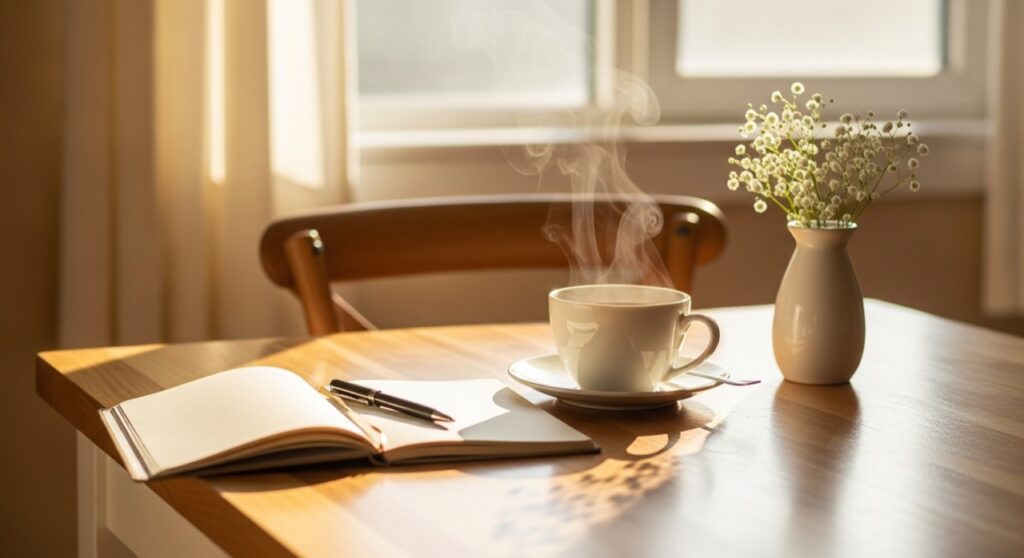 A steaming cup of tea beside an open notepad and small white flowers on a bright kitchen table