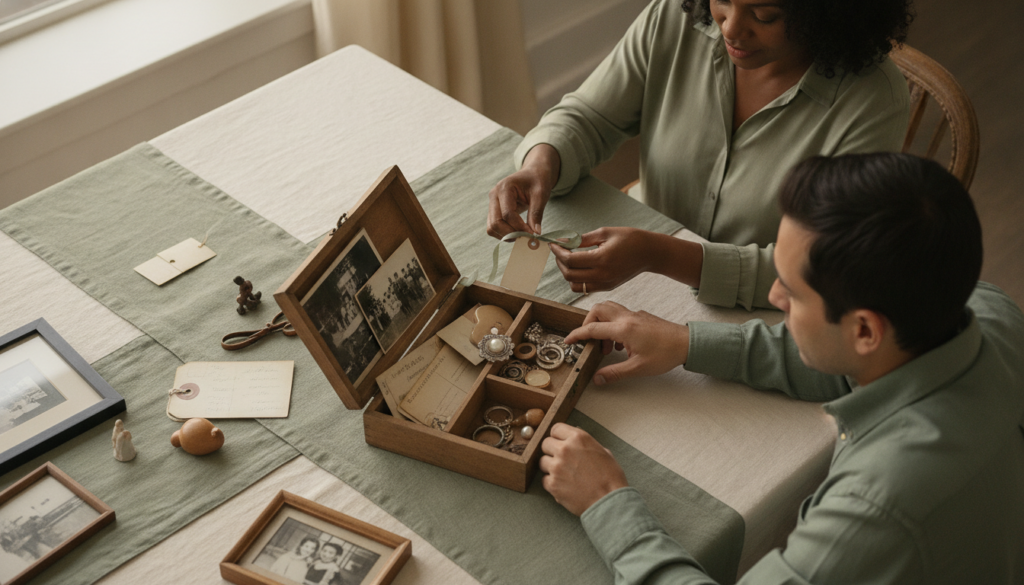 Two siblings tying a handwritten label onto a family heirloom brooch while sorting old photographs together