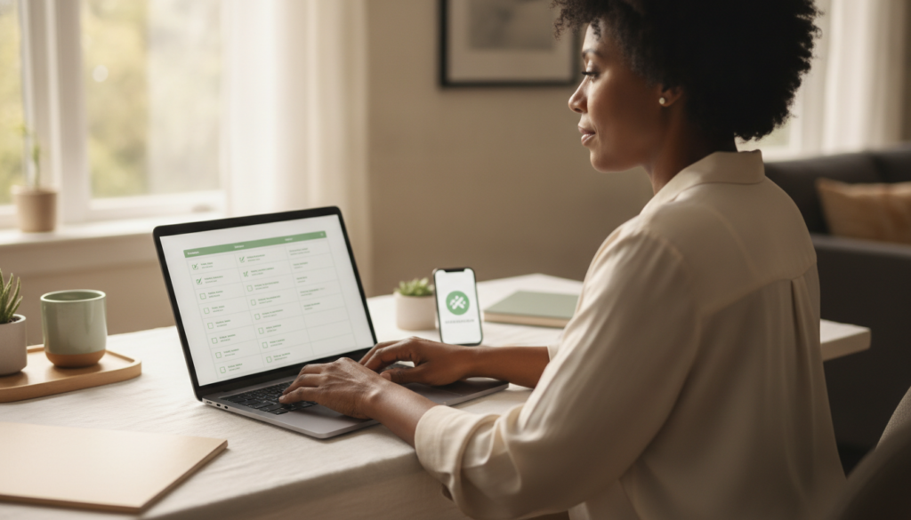Woman typing on a laptop showing a digital legacy checklist with checked items