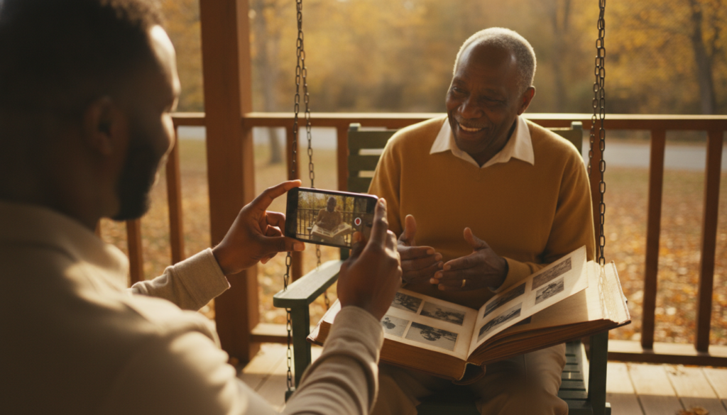 Adult son filming his father, who holds an old photo album, on a sunlit porch