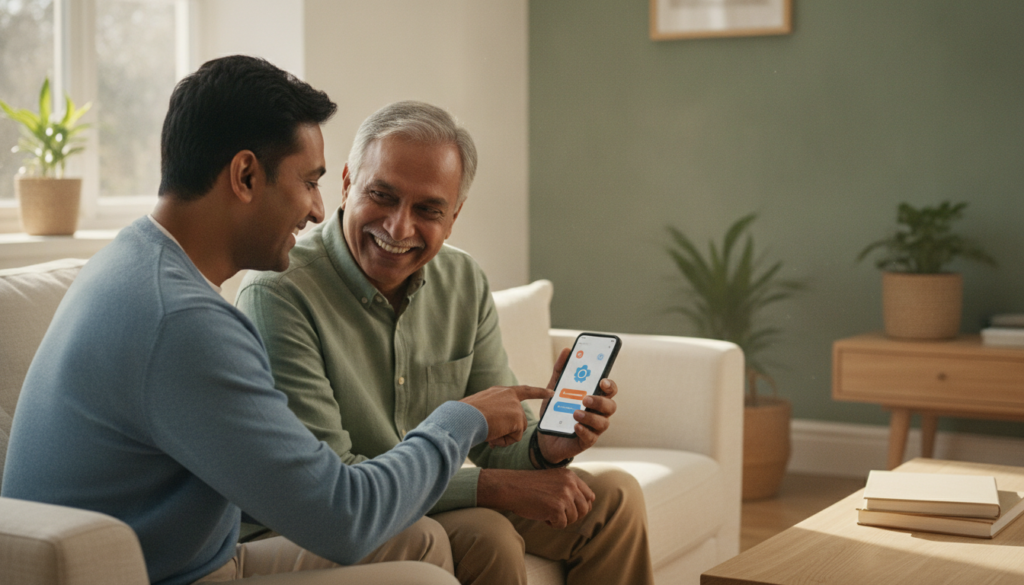 Adult son and his elderly father looking together at a smartphone settings screen on a sofa