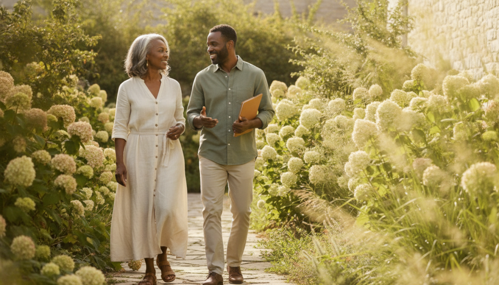 Adult son and his mother walking together in a sunlit garden holding papers