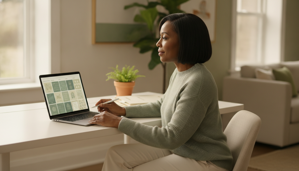 Woman reviewing an end of life planner grid on a laptop at a bright desk