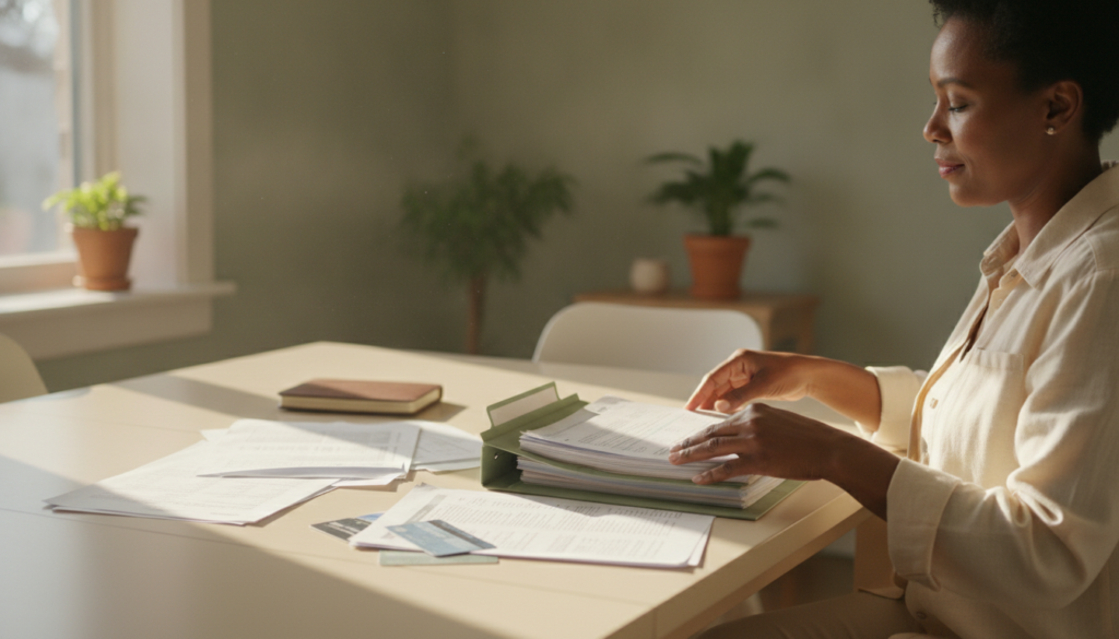 Woman sorting papers into a labeled family documents folder at a sunlit table